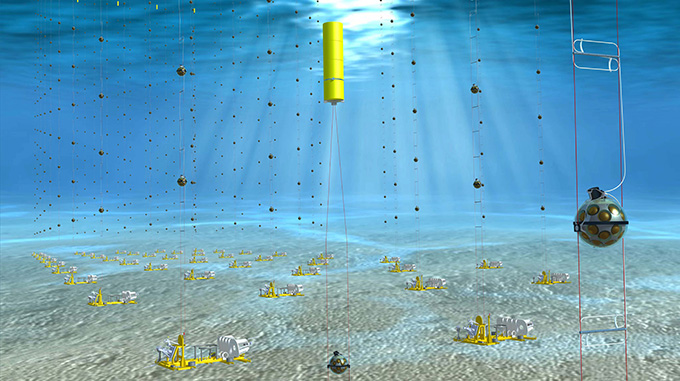 An illustration shows an underwater view of a yellow rod extending below the ocean's surface toward the seafloor